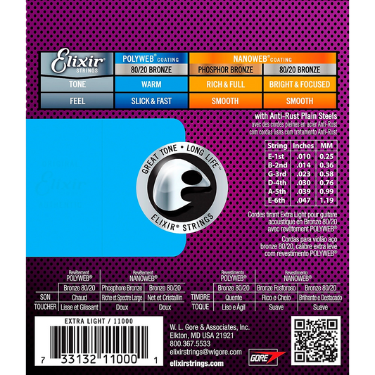 Elixir 80/20 Bronze Acoustic Guitar Strings with POLYWEB Coating, Extra Light (10-47)