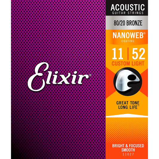 Elixir 80/20 Bronze Acoustic Guitar Strings with NANOWEB Coating, Custom Light (11-52)