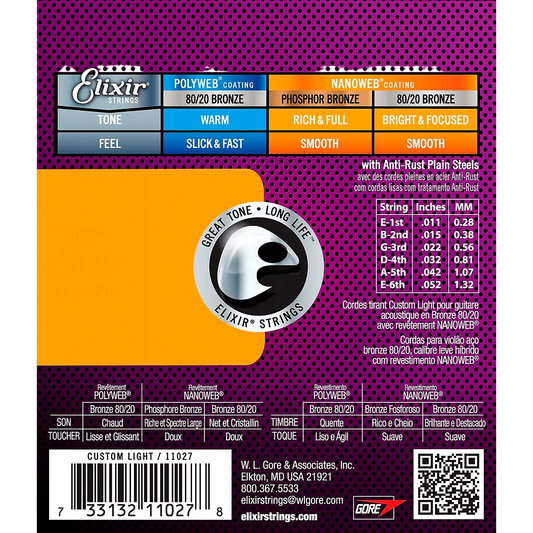 Elixir 80/20 Bronze Acoustic Guitar Strings with NANOWEB Coating, Custom Light (11-52)